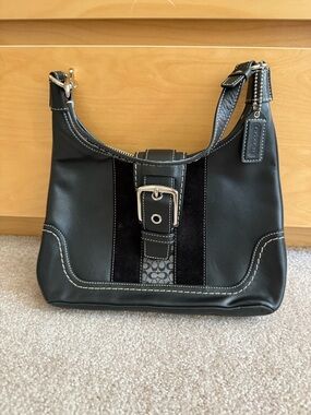 Coach Black Leather Hobo with Suede Stripes and Signature Patch